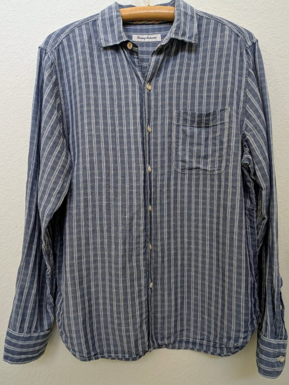 Tommy Bahama Linen Blend Long Sleeve Button Up Shirt Men’s M Blue White Stripe